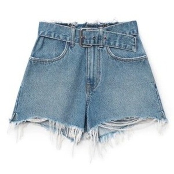 Alexander Wang Pants - Alexander Wang Light Blue Distressed High-Waist Denim Shorts